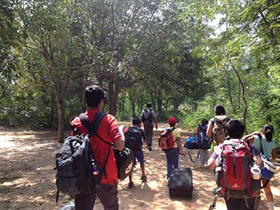 Kids arriving at campsite